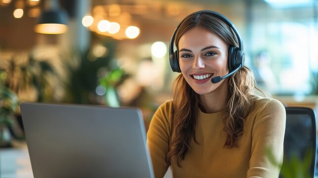 Smiling professional woman working at a modern office desk with a headset while engaged in virtual communication
