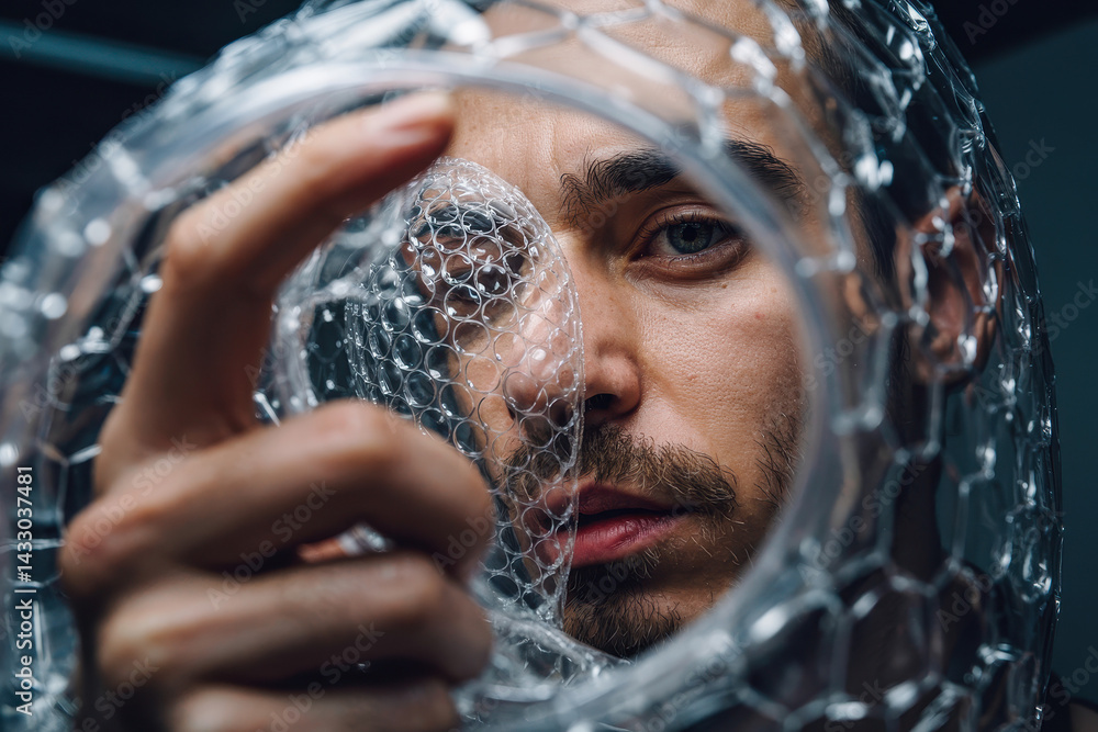 Aufkleber intriguing portrait of a thoughtful man surrounded by bubble wrap in an artistic and edgy setting