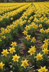 Obraz premium Sunlit daffodil field, vibrant yellow blooms, spring freshness, fresh, day