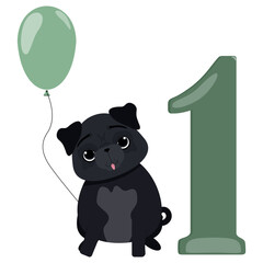 Postcard with balloon and dog for 1 year or birthday.