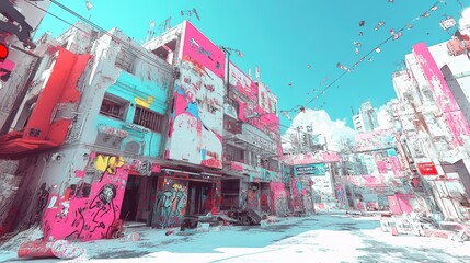 cyber punk street art buildings. Over white Studio Background.