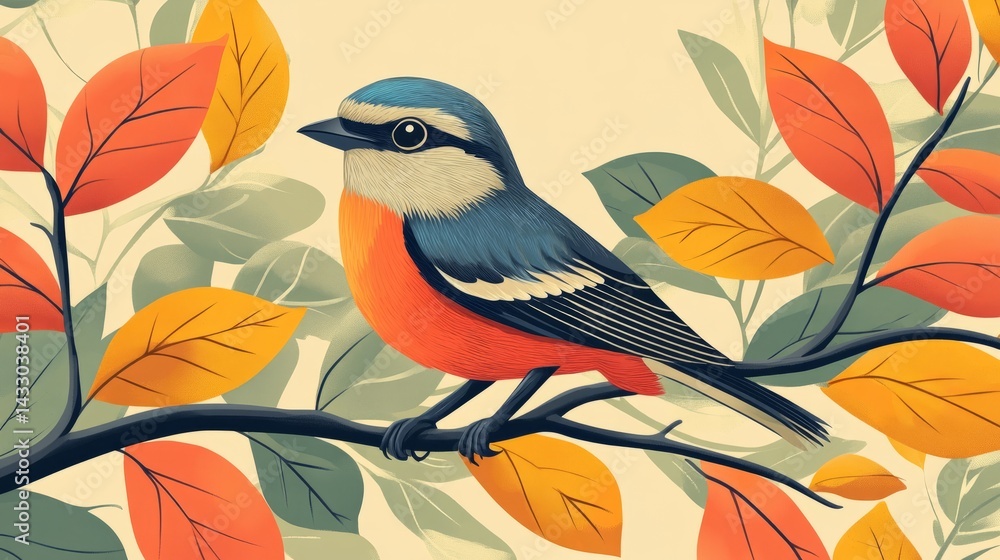 Poster flat design of a bird perched on a branch with vibrant leaves around it