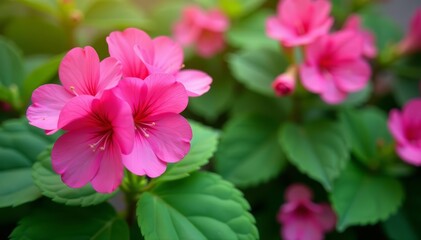 Obraz premium Vibrant pink geranium flowers with green leaves blooming, pink, beautiful, blooming
