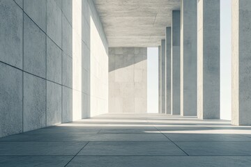 Fototapeta premium Empty, modern concrete colonnaded hall with light streaming in.