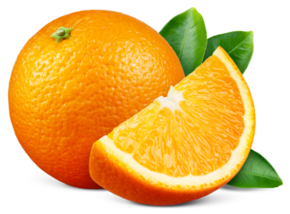 Orange isolated png. Whole orange and a slice on transparent background. Orang fruit with leaf no background. Full depth of field. Transparent png