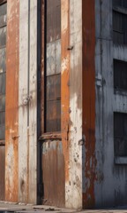 Weathered industrial facade, peeling paint reveals rusted metal beneath, urban backdrop , facade, background