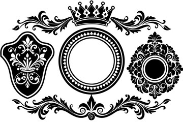 This decorative vintage frame design features an ornate floral pattern with a regal crown, evoking antique elegance © Bippon