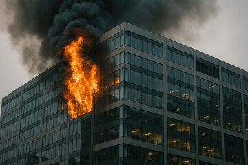 A large office building is engulfed in flames and thick smoke pours from upper floors, representing disaster or emergency. Fire in modern office building with smoke

