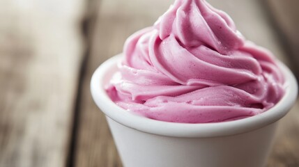 Delicious pink soft serve ice cream served in a white cup on a rustic wooden table
