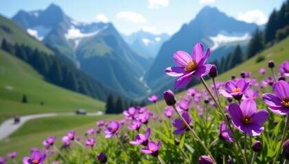 Fototapeta premium Vibrant purple alpine flowers in focus with blurred mountain backdrop, scenic, close up