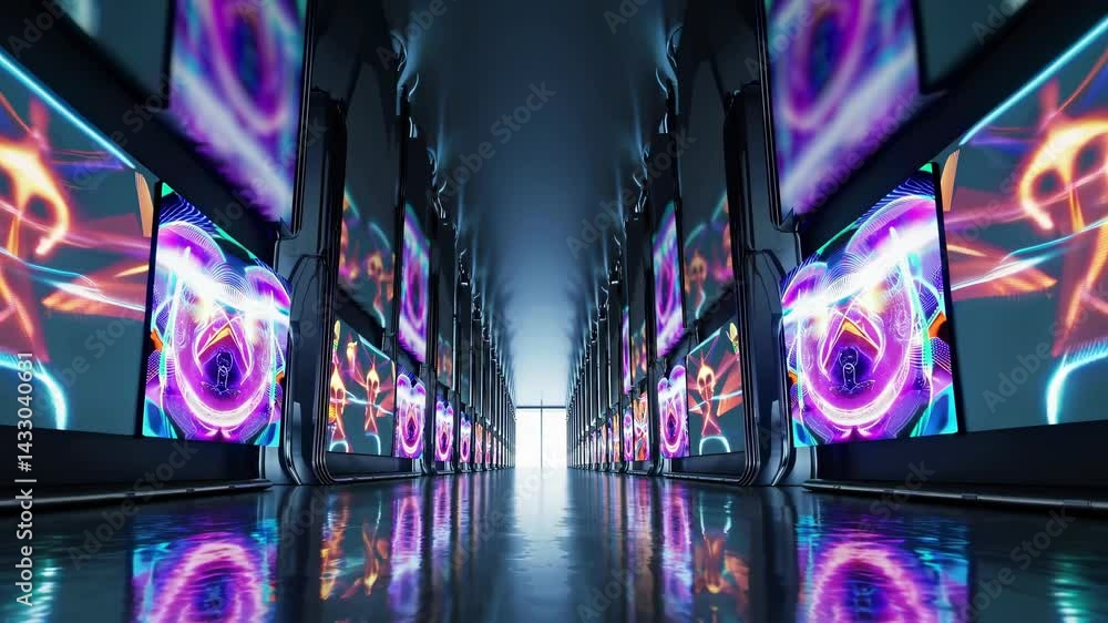 Poster exploring a high-tech setup with rows of vibrant display screens showcasing dynamic visuals