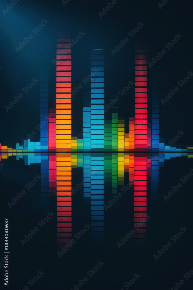 Poster vibrant abstract soundwave visualization with reflected color spectrum in dark background