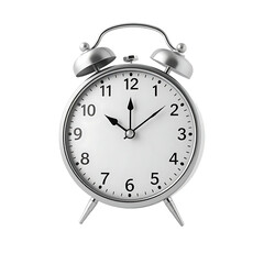 Close-up of a classic silver alarm clock with bells