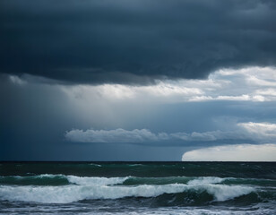Fototapeta premium The ocean is rough and choppy, with dark clouds looming overhead, storm over the ocean, natural ocean landscape background