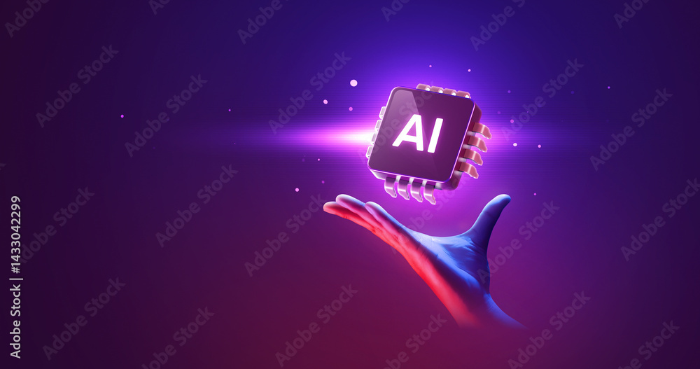 Poster 3d ai chip and processor with digital technology microchip and artificial intelligence data circuit.
