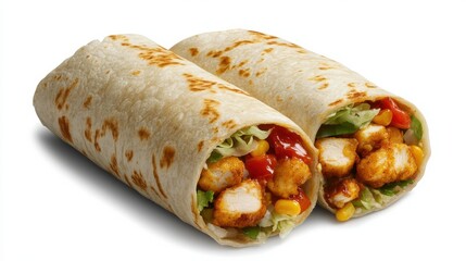 A chicken burrito with rice, vegetables, and sauce wrapped in a tortilla.