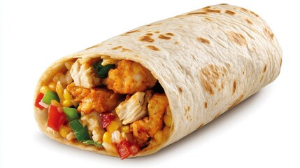 A chicken burrito with rice, vegetables, and sauce wrapped in a tortilla.