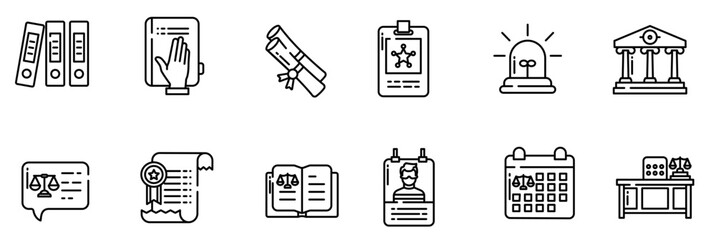 Law and justice set of web icons in linear style. Justice and law icons for web and mobile app. Legal documents. Law, judgement, prison, justice, court legal, lawyer, criminal. Vector illustration