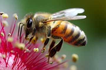 Honeybee foraging on a pink flower with stamens gathering pollen for honey production in the natural environment