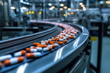 Closeup of conveyor belts transporting pharmaceutical capsules in a brightly lit logistics warehouse
