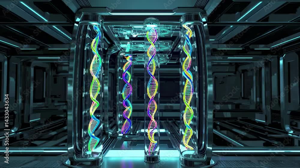 Poster Exploring the intricate world of DNA structure within a futuristic laboratory setting