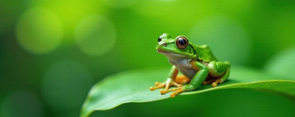 Naklejka premium Cute green frog sitting on a green leaf , cute animal, cute frog, nature