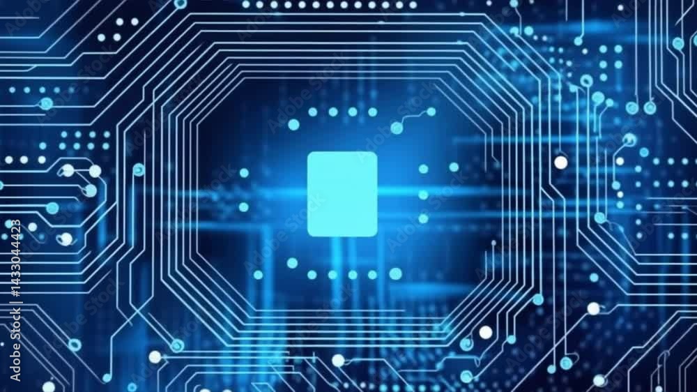 Poster close-up of a circuit board with intricate patterns and glowing blue lights, representing cutting-ed