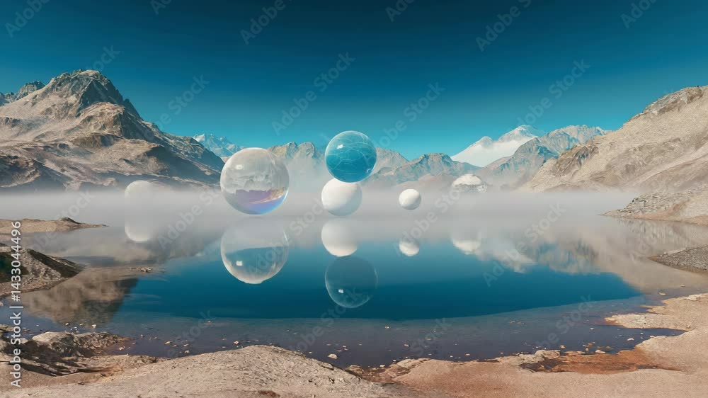 Aufkleber Surreal landscape with floating translucent orbs hovering above a still lake