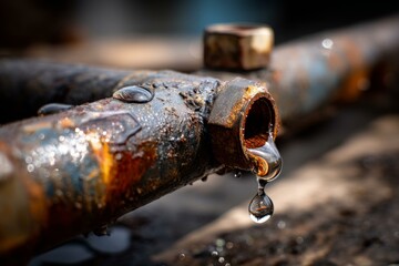 Leaky corroded plumbing pipe with water droplet forming at joint, dripping, water damage, infrastructure concept