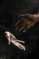 two hands reaching out - one clean and well-dressed