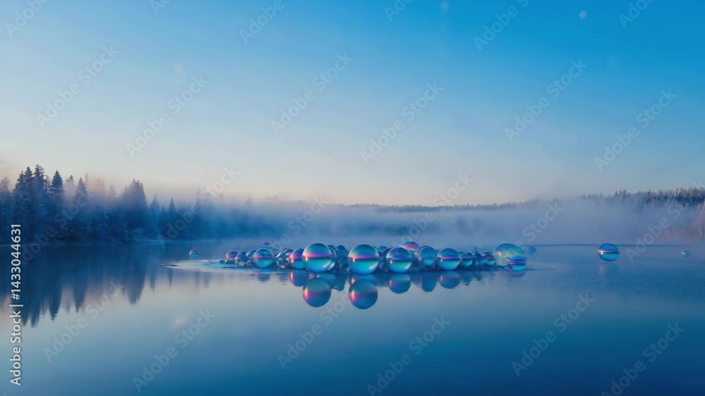 Aufkleber Surreal landscape with floating translucent orbs hovering above a still lake