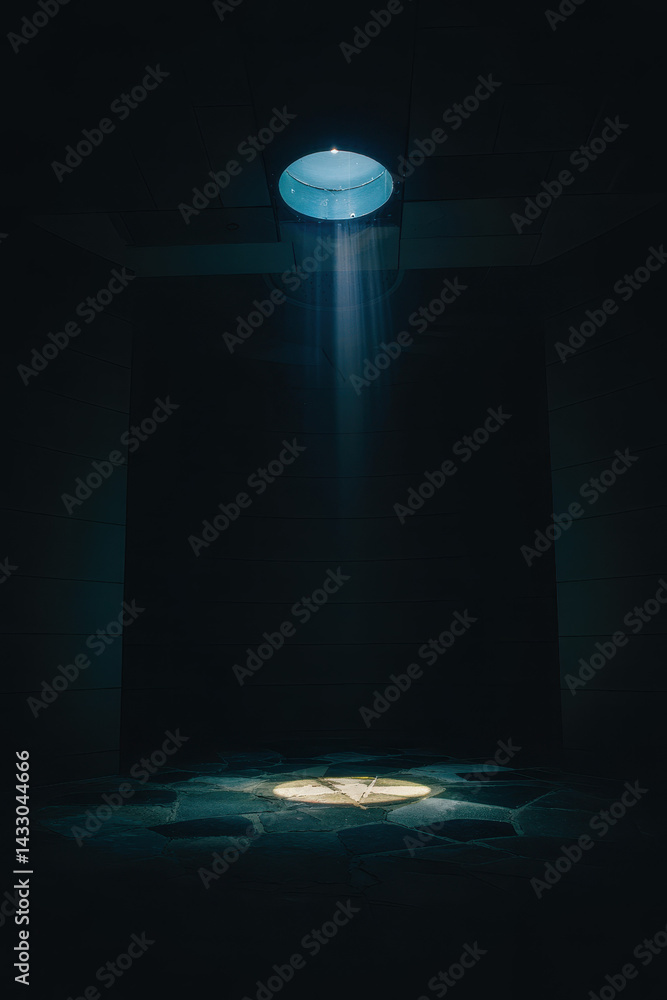 Poster mysterious dark space with ethereal light beam illuminating circular stone pattern