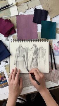 Artist sketching fashion designs with pencil on a spiral-bound pad, surrounded by fabric swatches