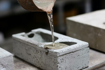 Liquid flowing from crucible onto textured concrete block with central indentation, close up perspective. Material testing in a construction setting.