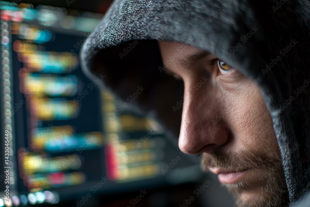 Poster hooded man gazes intently at glowing monitor screen displaying colorful code lines, focus on facial 