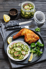 roast chicken leg with salad on a plate