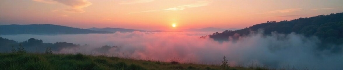 Obraz premium Misty dawn landscape with soft fog rolling in, dawn, gentle, misty