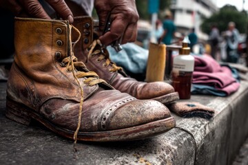 Focused close-up of cobbler hands using tool on worn leather boot, shoe cleaning and repair services displayed outdoors