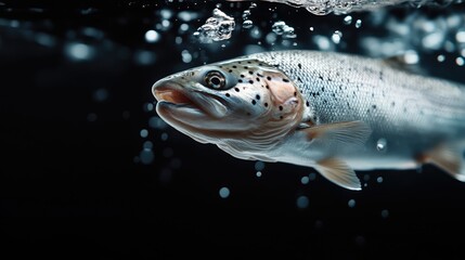 Fresh fish underwater, close-up.  Bubbles rising