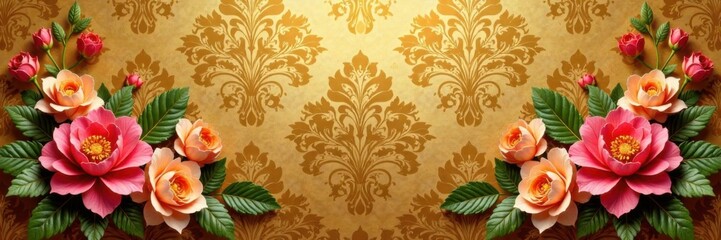 Damask floral pattern on luxurious golden background, decoration, art