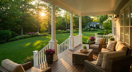 Fototapeta premium Serene Sunset Porch: Tranquil Outdoor Living Space