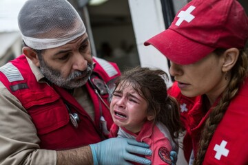 Distressed crying girl comforted by two humanitarian aid workers wearing red vests and caps at an emergency location