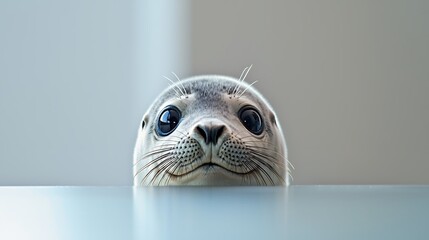 Intriguing Close-Up Portrait: An Adorable Seal Peeking Over a Table's Edge