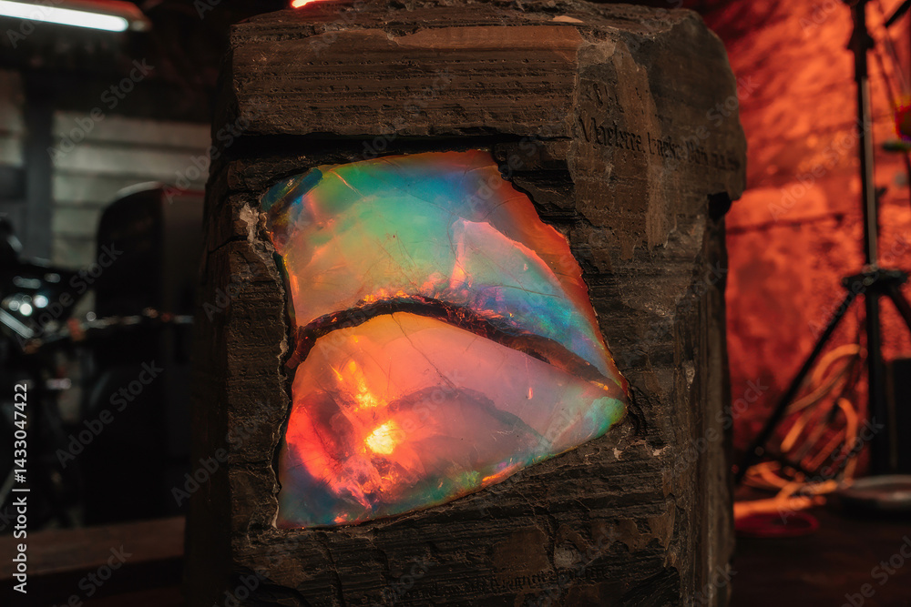 Poster captivating opal stone glowing with multicolored hues in a rustic workshop setting