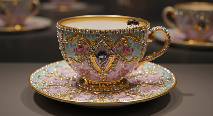 Fototapeta premium Ornate Porcelain Teacup & Saucer: Victorian Style with Floral Patterns and Gold Filigree