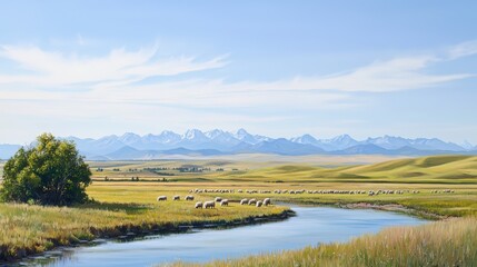 Obraz premium A flock of sheep grazing in a meadow, framed by distant mountains