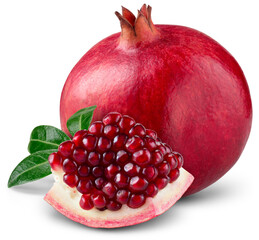 Pomegranate isolated png. Whole pomegranate with seeds and leaves on transparent background....