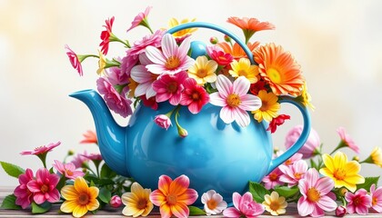 Vibrant spring blooms overflow from a charming blue teapot, watercolor style, floral design, nature