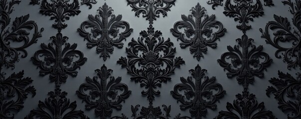 Dark intricate damask pattern with black florals and foliage on a muted grey background, design, foliage