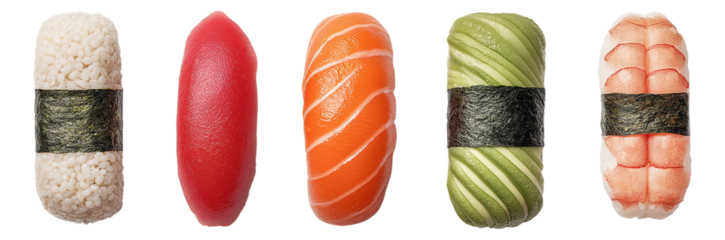 A row of five colorful sushi pieces with various toppings and seaweed wrapping.